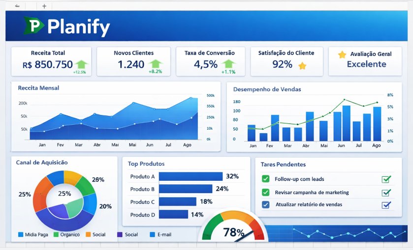 Dashboard de gestão Planify — visão gerencial de vendas e desempenho